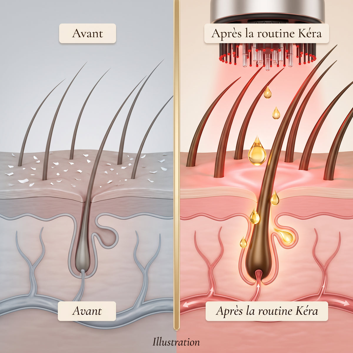 Follicule avant / après la routine Kéra – illustration